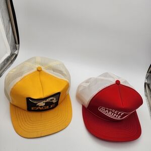 lot of (2) VTG Plastic Mesh Snap Back Advertising Trucker Hats- Red & Yellow